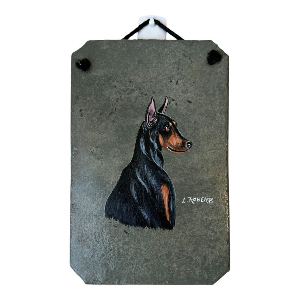 Doberman Black Slate Hanging Sign Wall Decor Hand Painted Signed Smoky Mtn 9x6”‎